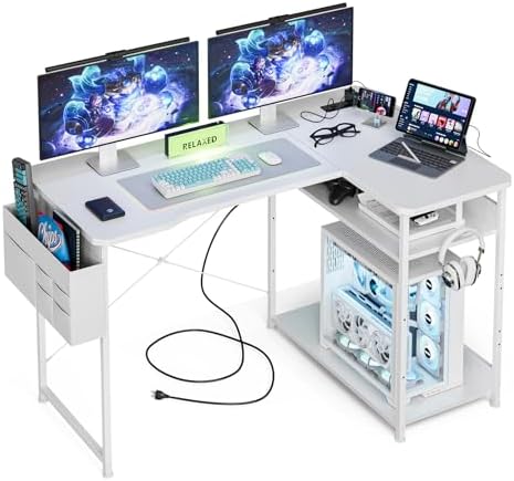 Acrolix L Shaped Gaming Desk 48 Inch - Computer Corner Desk with Power Outlets, Reversible Shelves & Storage Bag for Home Office, PC Gaming Table, White Carbon by Acrolix