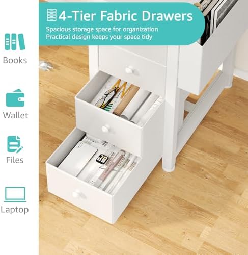 Lufeiya White L Shaped Desk with Drawers & Storage Shelves, 55 Inch Corner Computer Desk with Power Outlet for Home Office Bedroom, L-Shaped Teen PC Desks with Fabric Drawer, White - Image 7