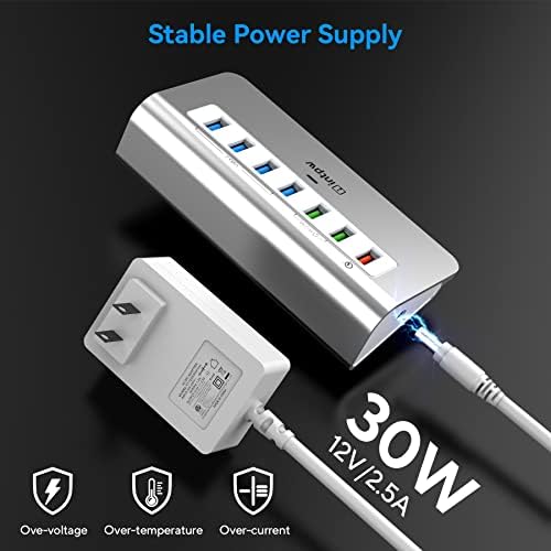 Powered USB Hub 10Gbps, 7 Port USB 3.2 Gen 2 Hub with 4 USB 3.2 Data Ports, 3 Fast Charging Ports, 36W Power Adapter, Type A and Type C Cable, Aluminum USB Hub for Laptop, Mac, PC - Image 6