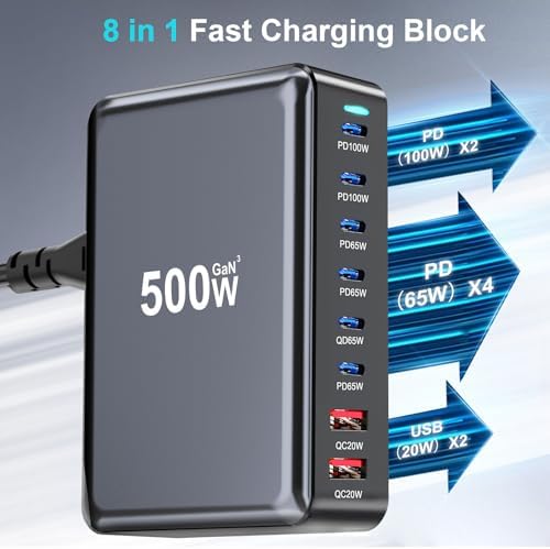 500W USB C Fast Charger Block, Multi-port USB Charging Station, GaN Ⅲ Double 100W PD PPS Port Fast Charging Station for Multiple Devices,Laptop Wall Charger Compatible with MacBook, iPhone 17,iPad etc - Image 3