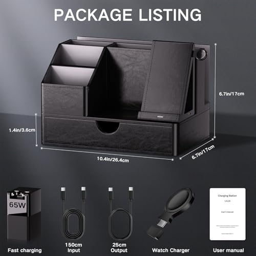 Black PU Leather Multi-Device Charging Station with Drawer - 6-in-1 Desktop Organizer for Phone, iPad, Tablet, Laptop, Watch, Headphones - Electronics Docking Hub & Storage Box for Office Home (Black) - Image 5