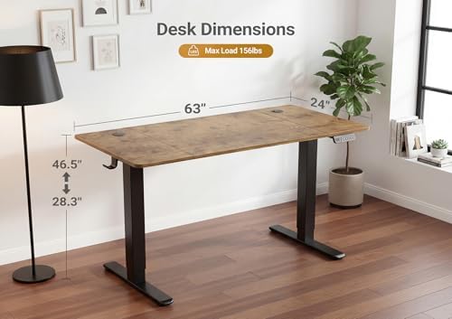 YDN Electric Standing Desk Adjustable Height, 63 x 24 Inches Sit Stand up Desk with Memory Presets & Cable Management, Home Office Desk for Office & Computer Workstation, Black Frame/Rustic Brown Top - Image 3
