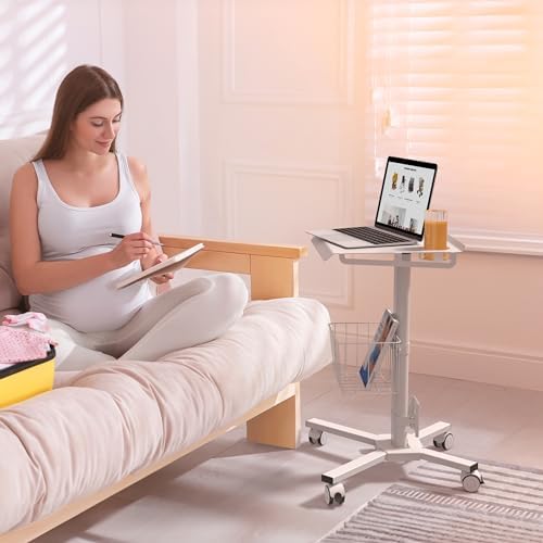 ONKRON Laptop Cart on Wheels, max 17.6 lbs, Portable Workstation, White - Image 2