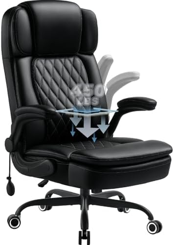 450LBS Big and Tall Executive Office Chair with Flip up Arm, Heavy Duty PU Leather Computer Desk Chair,Comfortable High Back Swivel Home Office Chair with Rolling for Adults,Spring Cushion,Metal Base by Wailor