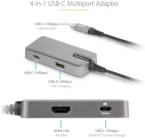 StarTech 4-in-1 USB-C Hub, 4K 60Hz HDMI, Alt-Mode, 100W PD, MacBook, TAA - Image 3