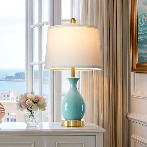 24″ Aqua Blue Ceramic Table Lamp for Living Room, Modern Classic Bedside Lamp for Nightstand, Small Table Lamp for Bedroom End Table (1 Pack) by Luxeflow