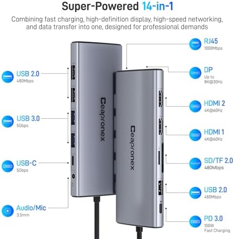 USB C Docking Station 14 in 1 with 2 HDMI 4K + DP 8K 3 Monitors Triple Display for Laptop,/MacBook Pro/Air/HP/DELL/Lenovo, USB C Hub Dongle Dock with USB 3.0, RJ45,100W PD, SD/TF, Audio/Mic - Image 2