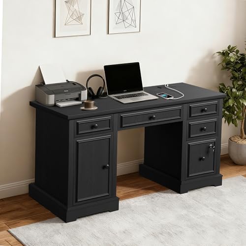 Vipbear 59" Farmhouse Executive Desk with Drawers, Wood Home Office Computer Desk, Featuring Lockable File Drawer, Storage Cabinet & Power Outlet Storage Cabinet for Work Study Writing (Black) by VipbearLiving