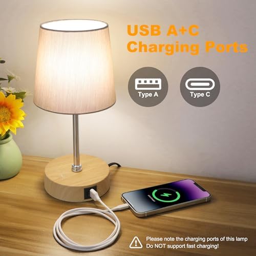Ascher Small Bedside Table lamp Set of 2, RGB Color Changing Lamps, 3 Color Temperatures, Stepless Dimmable, Nightstand Lamp with USB C+A Ports for Bedroom Living Room, (Grey Shade, Wood Grain Base) - Image 5
