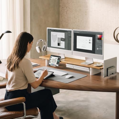 Fenge Modular Dual Monitor Stand Riser with Solid Ash Wood Leg, 42.5" Oak - Image 2
