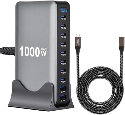 1000W 10-Port GaN 4 Desktop Charging Station with 240W 6.6 ft Data Cable - Compatible with Tablets, Phones, Laptops, Gaming Consoles, Headphones by Unknown