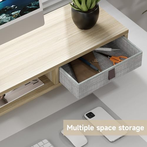 Fenge Dual Monitor Stand, 2-Tier Desk Organizer with Drawers, 42.5in, Oak - Image 4