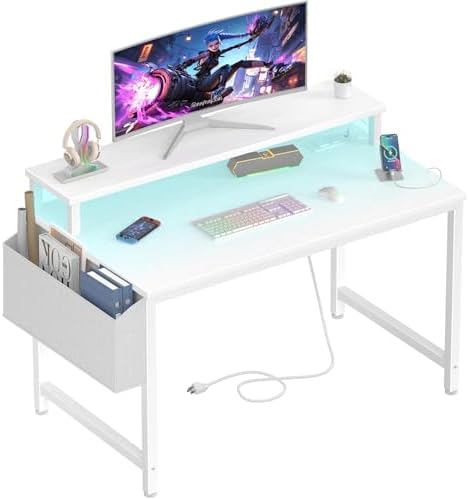 Lufeiya Small White Desk with LED Lights and Power Outlets, 32 Inch Home Office Computer Desks with Monitor Stand, Teen Writing Study Table Gaming Desk with Charging Station, White by LUFEIYA