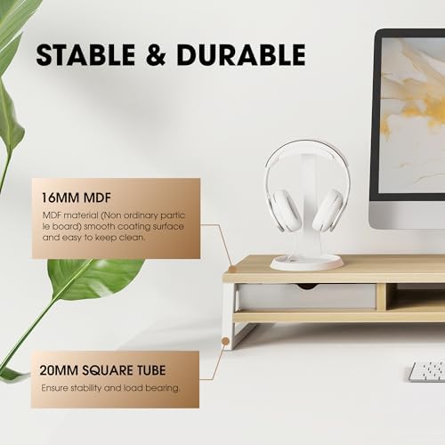 Fenge Dual Monitor Stand Riser, 42.5in Desk Shelf with 2 Drawers, Oak - Image 4