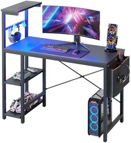 Bestier Gaming Desk with LED Lights, 44 Inch PC Gamer Desk for Small Spaces, Computer Desk with Reversible Storage Shelves & Side Storage Bag (Black Grained) by Bestier
