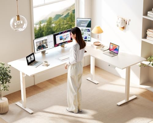 Casaottima 71 Inch L Shaped Electric Standing Desk, Home Office, White - Image 2