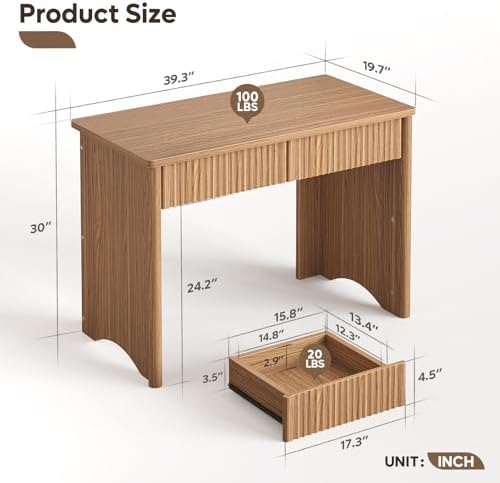 Bestier 40-Inch Fluted Wood Computer Desk with 2 Silent Drawers, Light Wood - Image 2