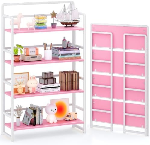 4NM No Assembly Extra Wide 4 Tier Folding Bookshelf Storage Shelves Vintage Bookcase Standing Racks Study Organizer Home Office by 4NM