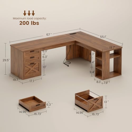 SEDETA 67" Farmhouse Executive L Shaped Desk with 3 Drawers - Image 2