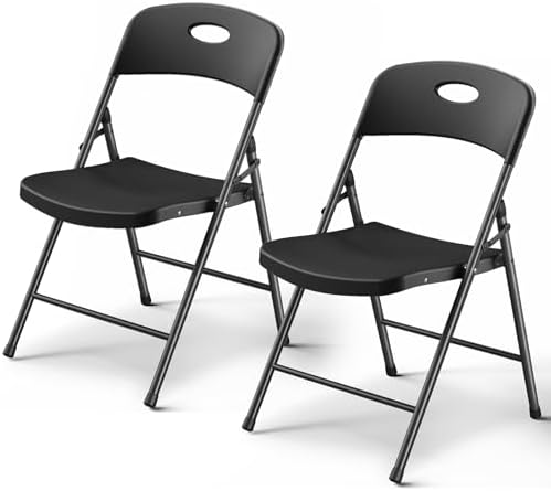 Folding Chairs 2 Pack, Outdoor Folding Chairs for Outside Indoor, Portable 350 lbs Capacity Heavy Duty Plastic Metal Foldable Chairs Commercial Seating for Picnic, Party, Patio, Black by FoldingFurniture
