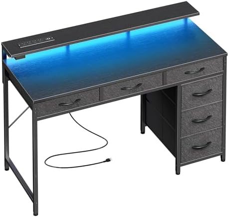 Huuger Gaming Desk with 6 Drawers, Computer Desk with LED Lights Power Outlets and Type-C, 39 Inch Office Desk with Storage, Monitor Stand, Writing Desk Work Desk Home Office, Bedroom, Black, 1CD100B by Huuger
