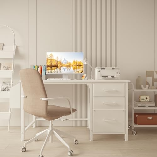 Lufeiya White Desk with File Drawers Cabinet, 47 Inch Reversible Computer Desk with Fabric Filing Cabinet for Bedroom Small Space Home Office, Modern Writing Table PC Desks, White - Image 2