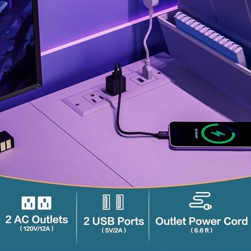 Jakyitvi 33.7" Computer Desk with Power Outlets, LED Lights & Drawer, Small Office Desk with Storage Bag & Hooks, Gaming Desk for Bedrooms or Home Office, Compact Study Desk for Small Spaces，White - Image 6