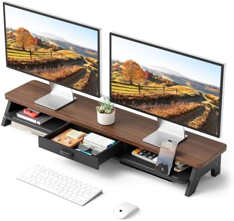 AFOOYO Dual Monitor Stand Riser,LED 2-Tier 39.3 Inch Computer Monitor Stand for 2 Monitors,Office Desktop Organizer with Storage Drawer and Phone Holder for Laptop,PC,Computer,Printer,Walnut by AFOOYO