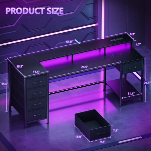 Korfile 61 Inch Gaming Computer Desk with Power Outlets,LED,5 Drawers,Black - Image 2