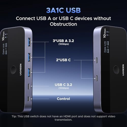 UGREEN 10 Gbps USB-C Switch Support File Sync & Cross-Screen Drag, USBC 3.2 Switch 2 Computers Share 4 USB 3.2 Gen 2 Ports, USB Switcher Selector Sharing Keyboard and Mouse with Controller - Image 7