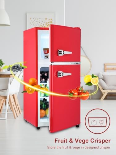 KRIB BLING 3.5 Cu.Ft Refrigerator with Freezer Double Door 7 Level Adjustable Thermostat for Dorm, Bar, Office,Kitchen, Apartment Red - Image 2