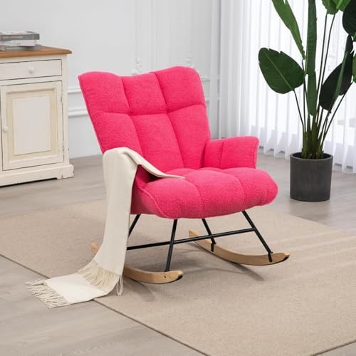 SAETSFEG Rocking Chair Nursery Teddy Upholstered Glider Rocker Rocking Accent Chair Padded Seat with High Backrest Armchair Comfy Side Chair for Living Room Bedroom Offices (Hotpink Teddy) by SAETSFEG