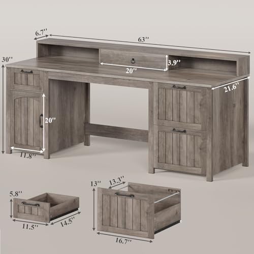 SEDETA 63" Farmhouse Executive Desk with Drawers and Storage Cabinet, Grey - Image 2