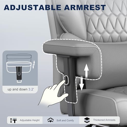 Misolant Big and Tall Office Chair with Footrest, High Back Executive Desk Chair with Adjustable Lift Armrest, 155°Recline，Lumbar Support Pillow, Faux Leather Gaming Chairs for Home or Office Gray - Image 4