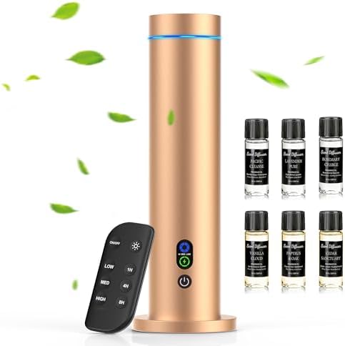 Maromalife Waterless Diffuser, Essential Oil Diffuser, 1000 Sq.Ft Coverage Scent Diffuser – Plug-in Only, Adjustable Mist, Remote, Mood Lights for Home & Office, Large Room, Hotel, Gold by Maromalife