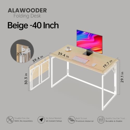 alawooder 39.4" Folding Desk: No Assembly, Wood Top for Small Spaces - Image 3