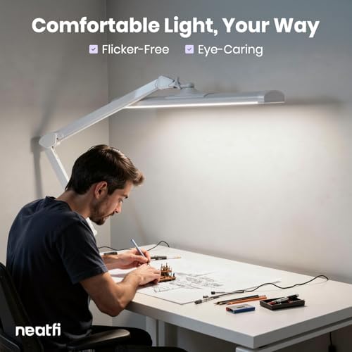 Neatfi 3,500 Lumens LED Desk Lamp – 45W Dimmable Task Light | Adjustable Color Temperature | 3 Light Modes | 540 SMD LEDs | Reading, Craft, Workbench & Office (White-2, 26-Inch Wide Shade) - Image 4
