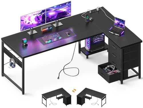 AODK 67" L Shaped Gaming Desk with 4 Drawers and Power Outlets, Black by AODK