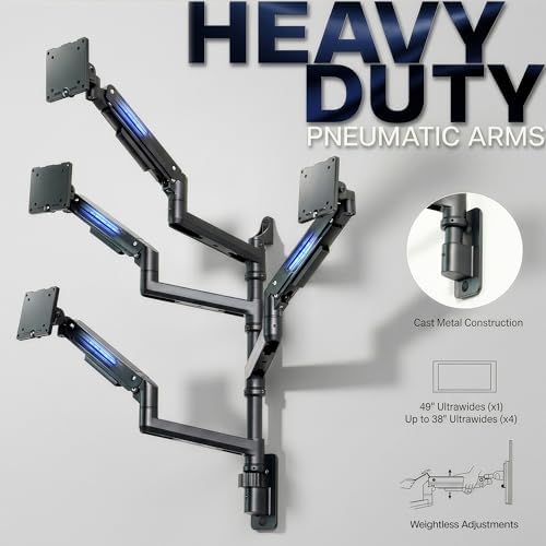 VIVO Quad Ultrawide Wall Mount, Heavy Duty Pneumatic Arm Monitor Station, Fits Four 38 inch Screens, Pneumatic Height Adjustment and 140lb Weight Capacity, Black, MOUNT-V400D - Image 3