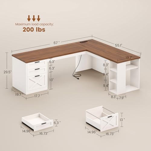 SEDETA 67" Farmhouse Executive L Shaped Desk with 3 Drawers - Image 2