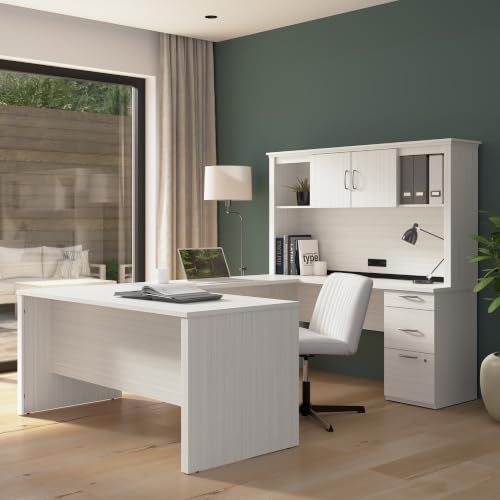 Bestar U or L Shaped Desk with Hutch & Drawers, White Chocolate, Logan, 66W - Image 2