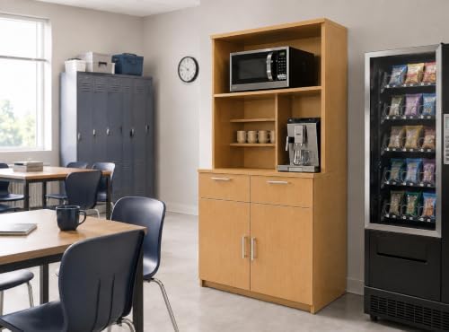 BREAKtime Breakroom Cabinet with 2-Door Base Storage & Upper Hutch, Microwave Space, Fully Assembled, 36" W x 24" D x 75" H, Appliances Not Included, Beech - Image 2
