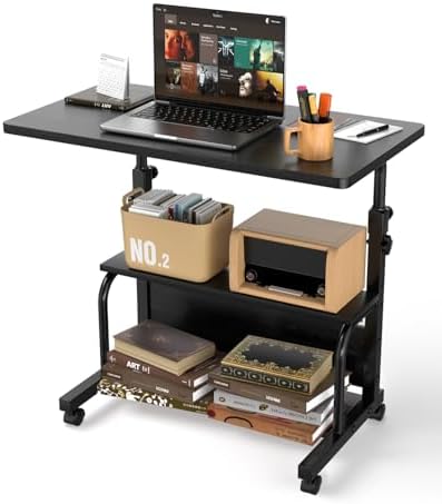 QZMDSM Portable Rolling Desk on Wheels Adjustable Height Desks for Small Spaces, 32" Computer Desk Drafting Tables with Storage Shelves for Home Office Black by QZMDSM