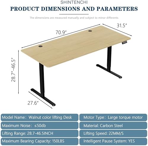 Shintenchi Standing Desk, 71x31 Inch Height Adjustable Electric Sit Stand up Desk, Ergonomic Rising Computer Table, Modern Lift Gaming Desk Workstation for Home Office, Walnut and Black - Image 2