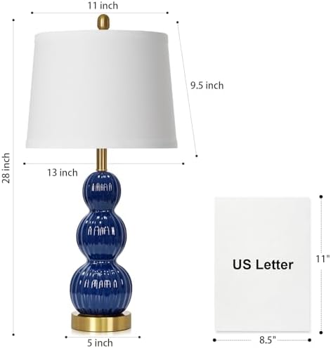 28" Navy Blue Table Lamps Set of 2 for Living Room, Modern Ceramic Bedside Lamps for Bedroom, Ribbed Gourd Table Lamps for Nightstand (2 LED Bulbs Included) - Image 7