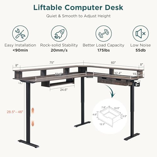 RedLemon 75x60 Inches L Shaped Electric Standing Desk, Dark Rustic Oak - Image 2