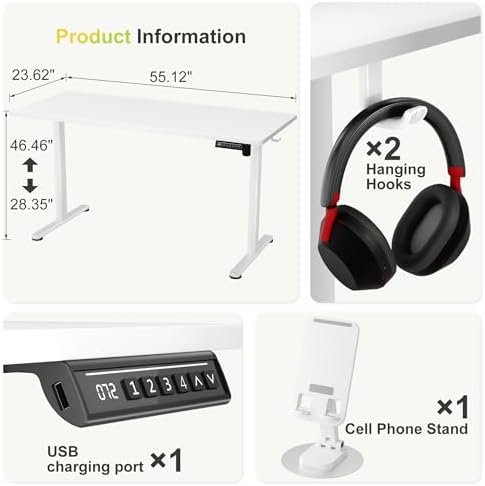 Furmax 55 Inches Electric Standing Desk, Home Office Desk with Phone Holder - Image 3