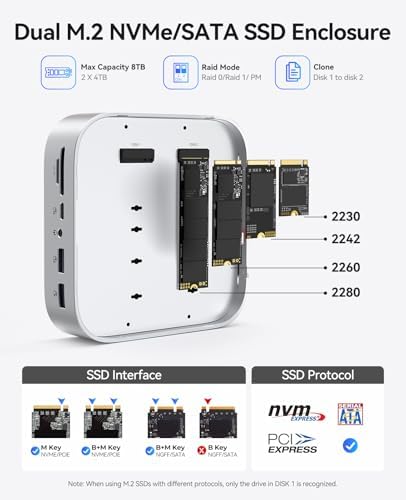 ORICO MiniRaid, Mac mini M4 Dock with Dual-Bay M.2 NVMe/SATA SSD Enclosure for Mac mini M4 Pro, Raid 0/1/PM, USB C HUB with HDMI 4K@60Hz, 10Gbps/5Gbps USB, RJ45, SD/TF, PD 60W for Creator - Image 3