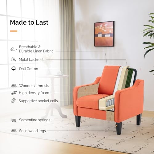 VINGLI Accent Chair, Linen Upholstered Orange Armchair for Living Room - Image 5