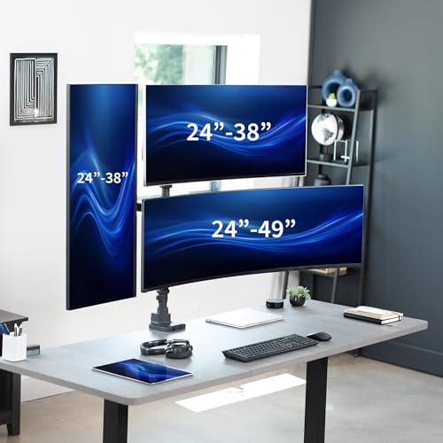 VIVO Pneumatic Arm Triple Ultrawide Monitor Extra Tall Desk Mount for Up to 49 inch Screens, Heavy Duty Clamp, Holds 3 Ultra Wides Up to 44 lbs, Black, STAND-V300D - Image 2